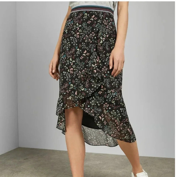 Ted Baker Skirt Kassiia Midi Faux Wrap Ruffled Floral Print Black Size 8 - 10 - Picture 4 of 12